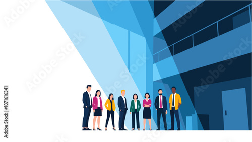 A diverse group of business professionals stands confidently in a modern, blue-toned office building, symbolizing teamwork and corporate success.
