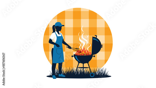 Silhouette of a woman in an apron and cap grilling food on a barbecue, set against a circular orange gingham background representing a picnic.