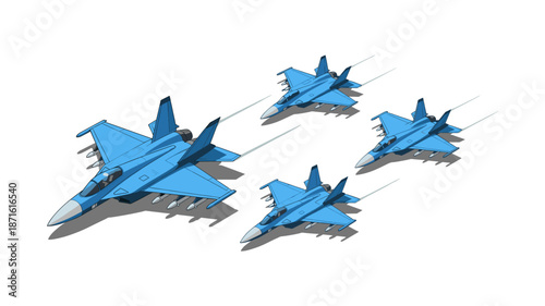 A squadron of four blue fighter jets, depicted in a dynamic isometric 3D render, soaring through the sky with speed trails.