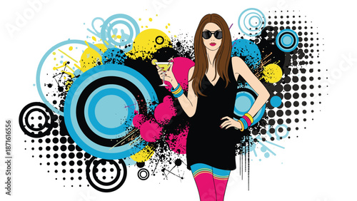 Fashionable woman in sunglasses and a black dress holds a martini glass, posing against a vibrant, abstract background of colorful circles and splatters.
