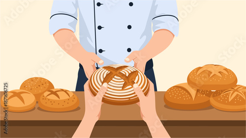 A skilled baker in a professional white chef's uniform hands a beautifully crafted, freshly baked loaf of artisanal bread to a customer.
