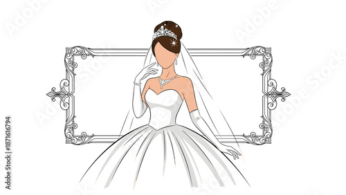 Beautiful bride in a classic white ball gown, tiara, and veil standing in front of an elegant, empty vintage frame, perfect for wedding invitations.