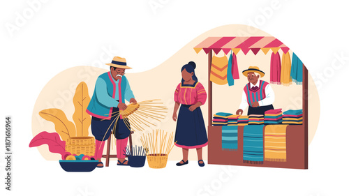 Vibrant illustration of a traditional Latin American market scene, showcasing local artisans and their handcrafted textiles and goods.