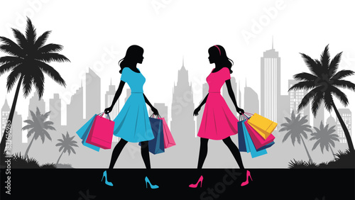 Silhouettes of two stylish women in colorful dresses carrying shopping bags and walking against a black and white city skyline with palm trees.