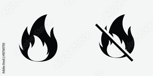 Set of black flame icons in modern silhouette style. Perfect for UI design, warning signs, heating, fire safety, and energy concepts. Includes various flame shapes in vector format. Fire, flame, icon.