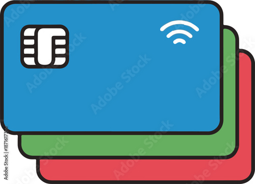 A stack of three colorful credit cards in blue, green, and red, featuring a white EMV chip and a contactless payment symbol to represent multiple accounts and modern banking options.