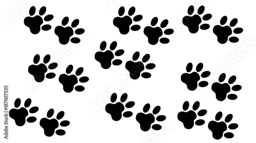 Bunny wet or mud pawprints. Rabbit paw silhouettes stamps. Trace of steps of running or walking hare isolated on white background. Vector