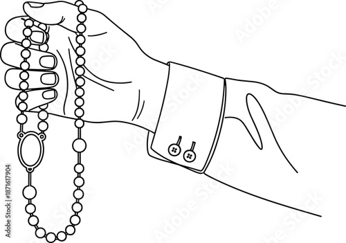 Minimalist Line Art Drawing of a Hand Holding Prayer Beads for Meditation Spirituality Faith and Religious Devotion Symbolizing Peace and Mindfulness