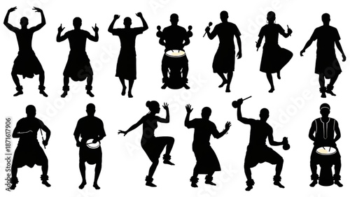 Dynamic silhouettes capture the vibrant energy of traditional African dance and drumming, embodying rhythmic cultural celebration