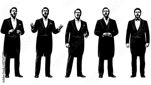 Five distinguished male singers in formal tailcoats, passionately performing a classic vocal piece