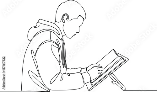 Minimalist Line Art Drawing of Muslim Woman Reading Quran in Hijab and Hand Holding Prayer Beads for Islamic Spirituality Concept,