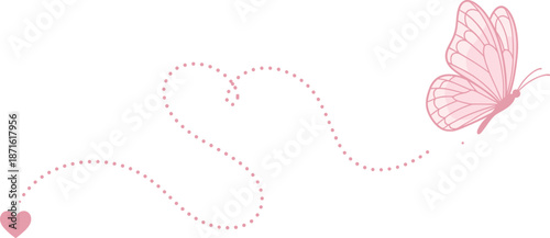 Pink butterfly flying with heart shaped dotted trail path and small heart icon, romantic whimsical aesthetic design isolated on white