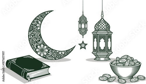 Ramadan Kareem celebration concept with holy Quran book, bowl of dates fruit, ornate crescent moon, hanging lanterns, and star illustration.