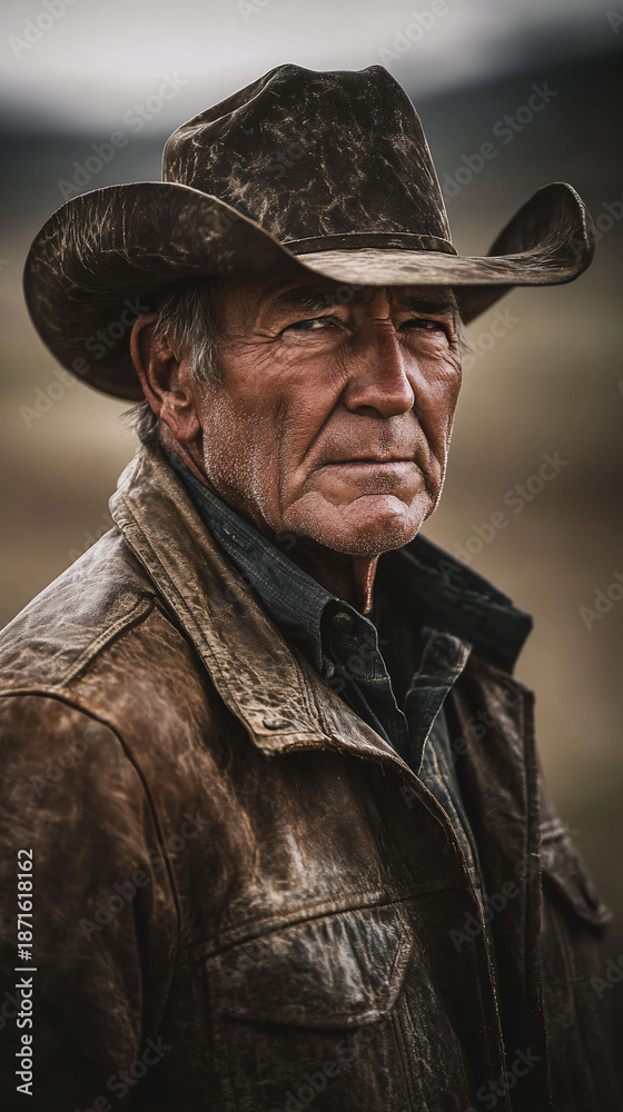 Fototapeta premium Weathered Cowboy Portrait Rustic Leather Jacket Western Man