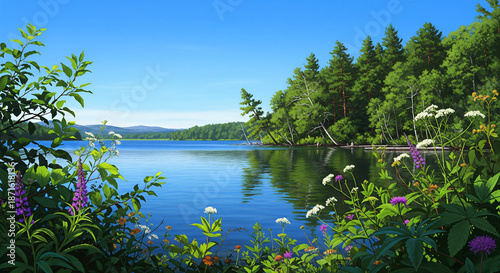 Andersjon lake by summer. flower field, Sweden, Jamtland, Norrland 2