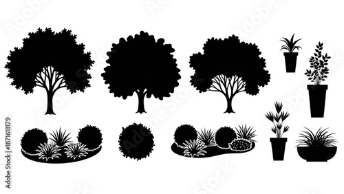 Assorted Silhouettes of Garden Trees, Shrubs, and Potted Plants for Landscape Design