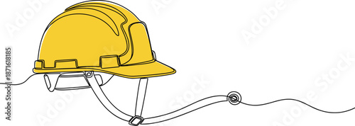Yellow safety hard hat helmet with chin strap in a continuous one line drawing style, construction industry icon for safety.