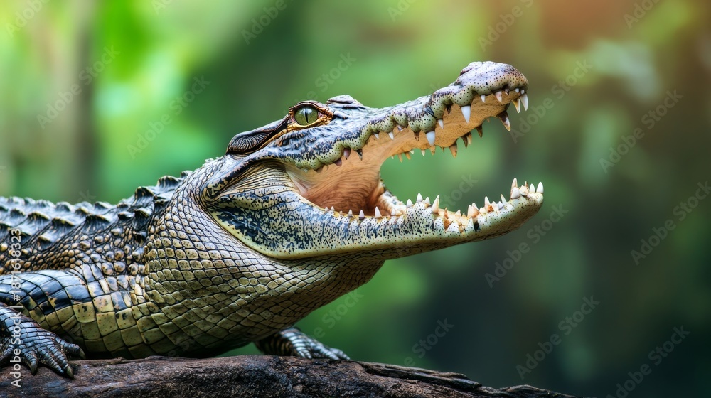 Fototapeta premium Caught in a moment, a crocodile rests with its mouth open in a natural setting, showing its teeth and waiting for a response in a tropical environment amidst greenery