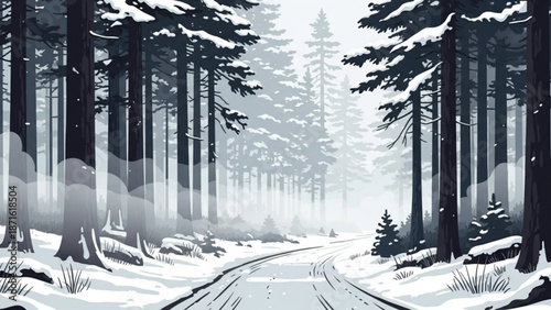 Snowy forest road with tall trees on both sides under foggy winter weather
