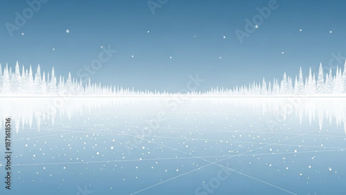 A serene winter landscape with snowflakes falling gently on a frozen lake or river with a line of evergreen trees