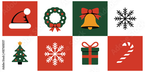 Christmas icons set with santa hat wreath bell snowflake tree and gift on checkered background