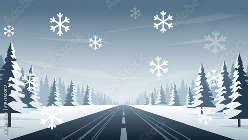 Snowy road stretches through winter landscape with pine trees and falling snowflakes