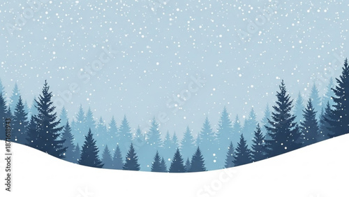 Serene winter landscape with snowfall and evergreen trees in soft blue hues