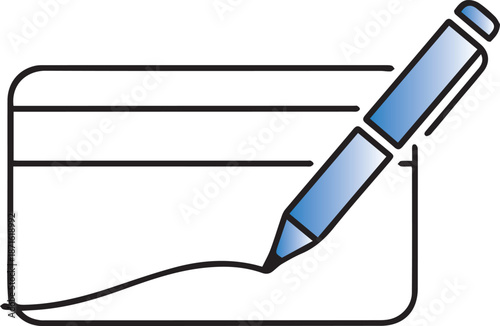 A professional vector illustration showing a blue ballpoint pen signing a credit card, featuring clean black outlines and a soft blue gradient to represent secure financial transactions.