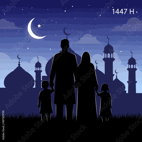 Family Silhouette Standing Together Under Crescent Moon and Mosque Silhouettes at Night.