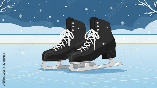 Pair of black ice skates on frozen rink with snowy background and falling snowflakes