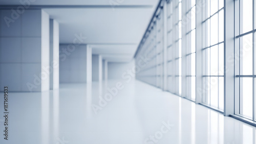 Empty modern office corridor with large windows.