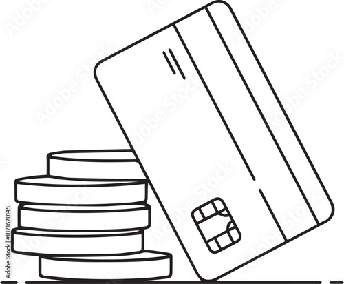 A minimalist black and white line art vector showing a credit card with an EMV chip leaning against a small stack of coins, symbolizing personal banking, savings, and financial management.