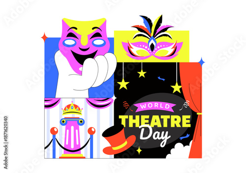 World Theatre Day Vector Illustration Featuring Comedy And Tragedy Masks, Red Curtains, Plus Elements Celebrating Performing Arts And Entertainment