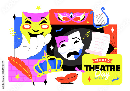 World Theatre Day Vector Illustration Featuring Comedy And Tragedy Masks, Red Curtains, Plus Elements Celebrating Performing Arts And Entertainment