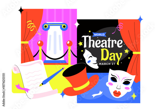 World Theatre Day Vector Illustration Featuring Comedy And Tragedy Masks, Red Curtains, Plus Elements Celebrating Performing Arts And Entertainment