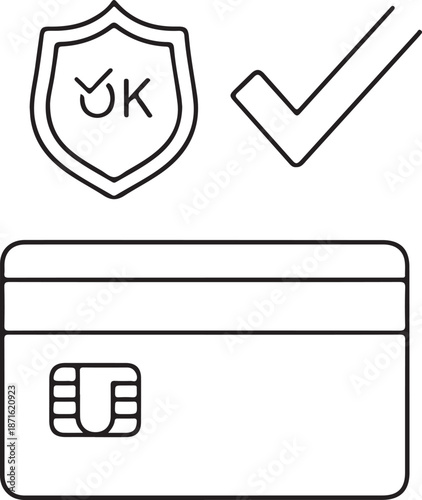 A minimalist line art vector featuring a credit card with an EMV chip, positioned below a security shield containing "OK" and a large checkmark, symbolizing secure and verified payments.