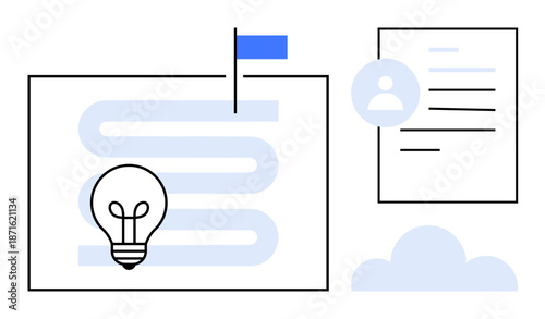 Business planning, innovation, strategy, project management, process optimization, creativity. A lightbulb, flag document and cloud elements. Business planning and innovation focus concept