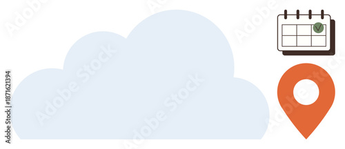Cloud technology, digital scheduling, location navigation, data storage, online services, and organization management. A cloud, calendar with a checkmark and location pin. Cloud technology