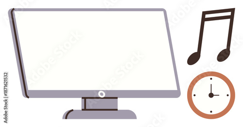 Digital media, time tracking, scheduling, entertainment, creative projects, multimedia tools. A monitor with a music note and clock. Digital media and time tracking concepts