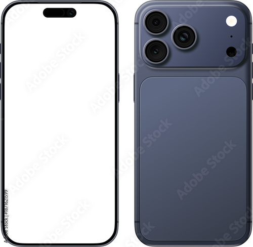 Front and BackFront View of dark blue iPhone 17 pro  smartphone mockup, modern mobile screen outline template for UI UX app and device design illustration