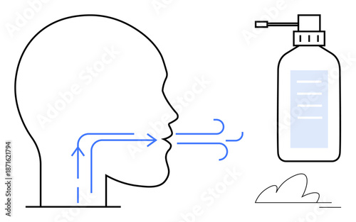 Respiratory health, inhalation therapy, medical treatment, lungs care, breathing exercises, pharmaceutical aid. Diagram of a human head with airflow and spray bottle. Respiratory health
