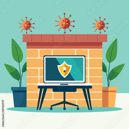 Cyber security concept with computer protection shield and firewall brick wall illustration