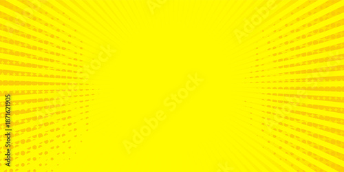 Abstract yellow comic background with sun burst and dot halftone. modern design art