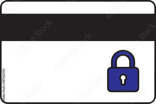 A flat vector icon of a white credit card with a thick black magnetic stripe and a small blue padlock in the corner, representing card security, locked accounts, or private banking.
