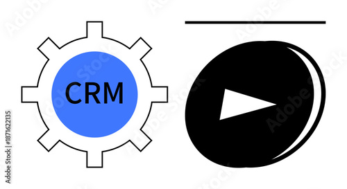 Customer management, digital marketing, business tools, automation, strategy, software. A gear with CRM text and a black play button icon. Customer management and digital marketing concept
