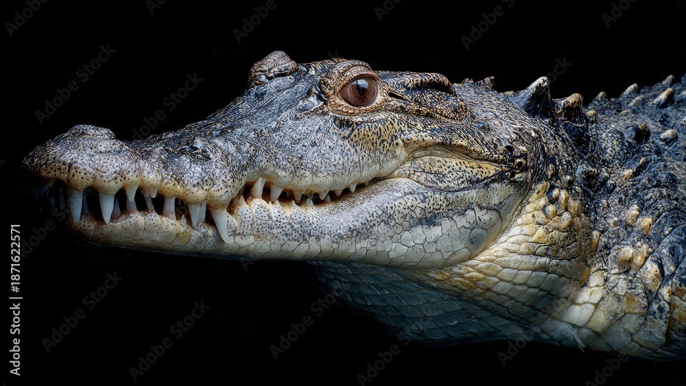 Fototapeta premium Close-up Portrait of a Crocodile Head with Sharp Teeth and Textured Skin Against a Dark Background