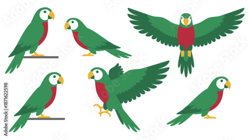 Cartoon Green Parrot Set in Various Poses - Flat Vector Collection of Tropical Birds, Including Flying and Perching Icons