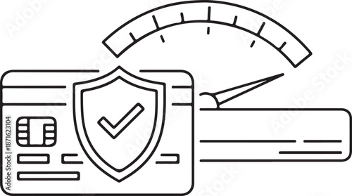 A black and white line art vector showing a credit card with a security shield and checkmark, set against a speedomete-style credit score gauge to represent secure financial management.