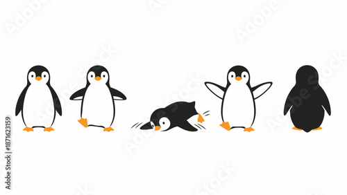 Cute Cartoon Penguin Character Set in Various Poses. Flat Vector Illustration of Funny Arctic Birds Isolated on White Background.