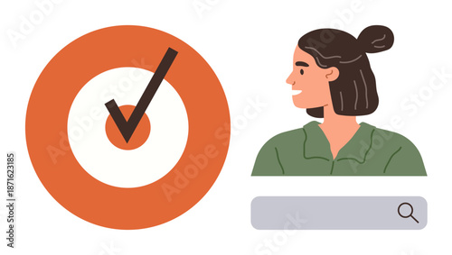 Online research, goal achievement, identity verification, task completion, personal branding, digital searches. A woman beside a search bar and checkmark within a target design. Online research
